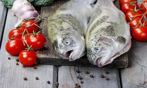 © agneskantaruk - Fotolia | Two rainbow trouts, tomatoes and garlic on rustic wooden table